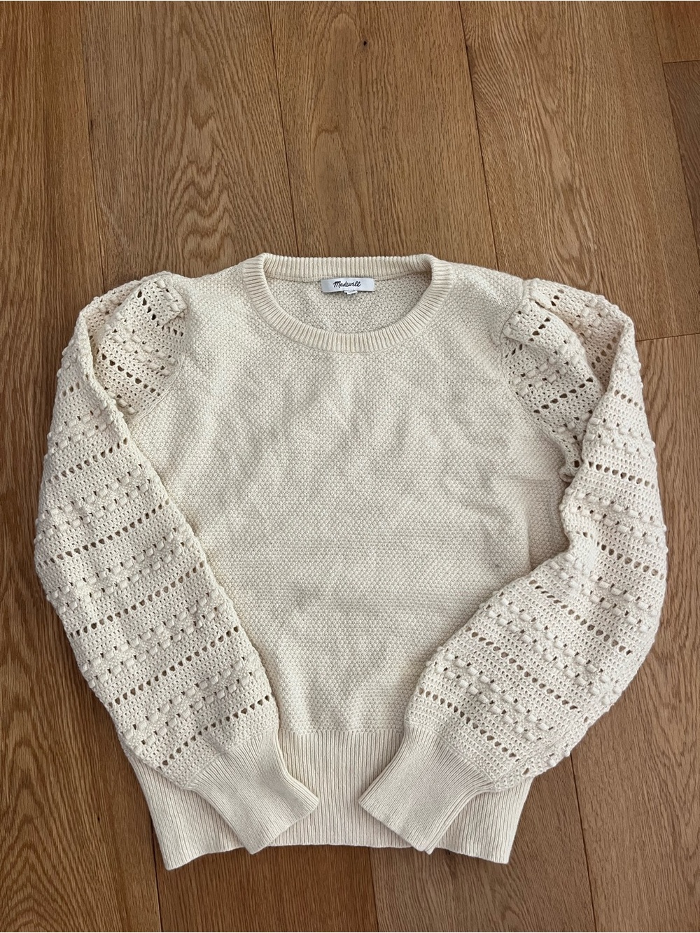 Madewell Cream Openwork Puff-Sleeve Crewneck Sweater